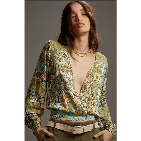 Tiny Long-Sleeve Printed V-Neck Wrap Top - New Medium - Picture 2 of 5